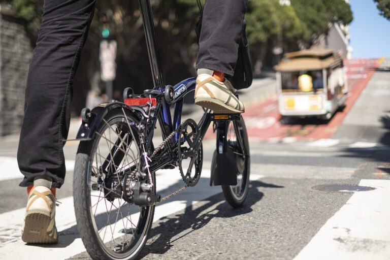 Brompton Electric - 6 speed - Bolt Blue - uphill in SanFrancisco (sm)